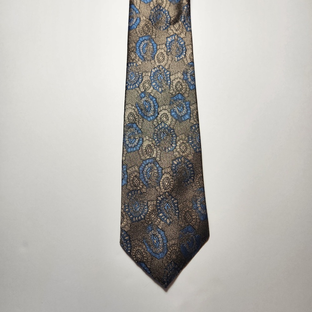 Oscar de la Renta Mens Silk Tie Bronze Blue Gold Paisley Floral Jacquard Silk